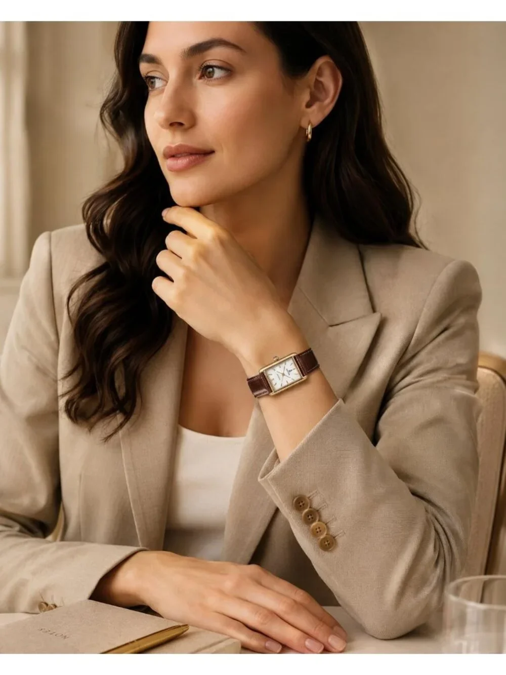 Women's Gold Case Brown Rectangle Vintage Leather Strap  Quartz Movement Watch